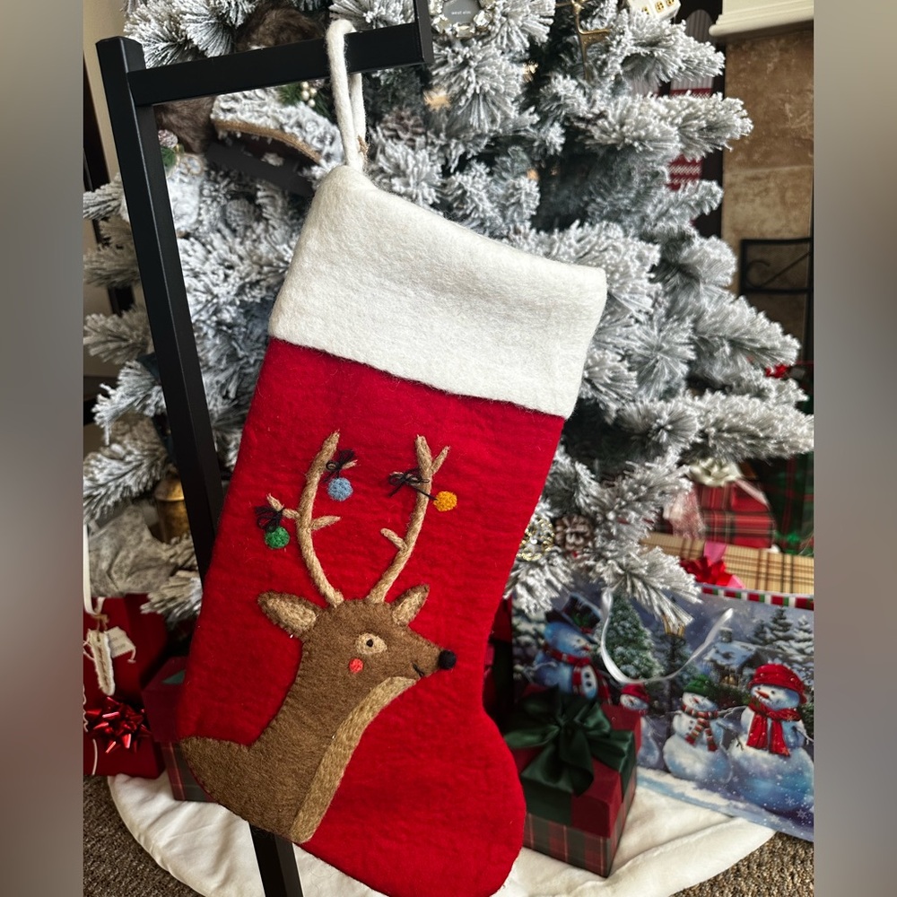 NWT West Elm Festive Reindeer Holiday Christmas Stocking.
